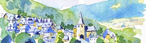 Aquarel·la amb una panoràmica de la població de Gausac a la Vall d'Aran