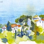 Aquarel·la amb una panoràmica de l'ermita de Santa Cristina de Lloret de Mar (La Selva).