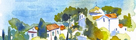 Aquarel·la amb una panoràmica de l'ermita de Santa Cristina de Lloret de Mar (La Selva).