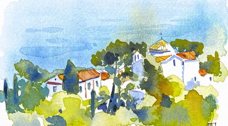 Aquarel·la amb una panoràmica de l'ermita de Santa Cristina de Lloret de Mar (La Selva).