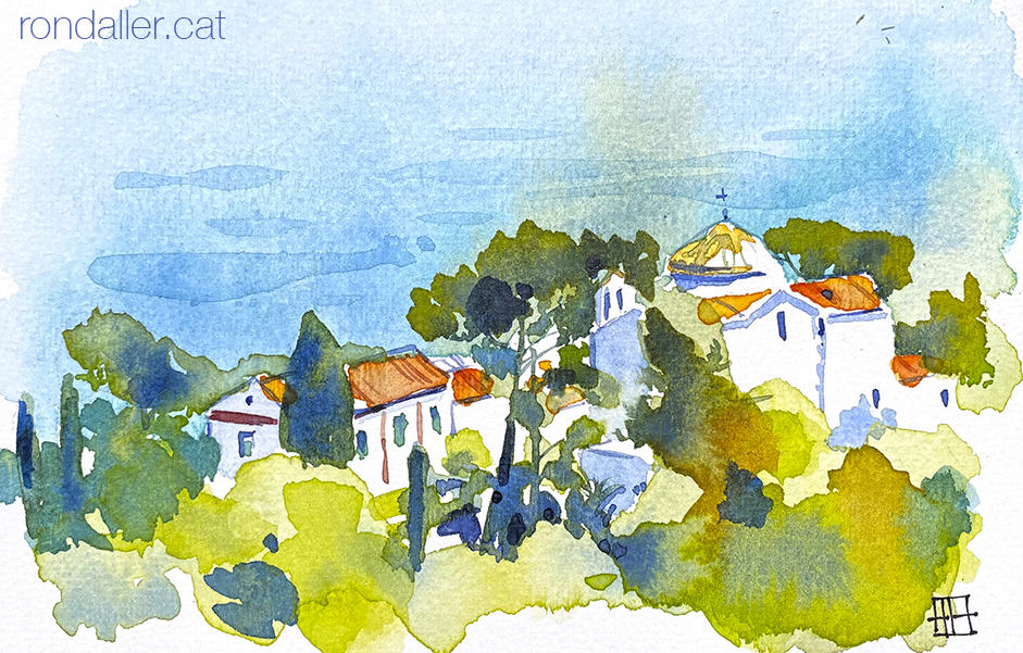 Aquarel·la amb una panoràmica de l'ermita de Santa Cristina de Lloret de Mar (La Selva).