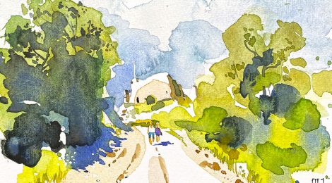 Aquarel·la del camí que puja al castell de Palafolls.