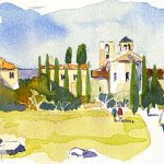 Aquarel·la del monestir romànic de Sant Benet de Bages,