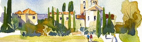 Aquarel·la del monestir romànic de Sant Benet de Bages,
