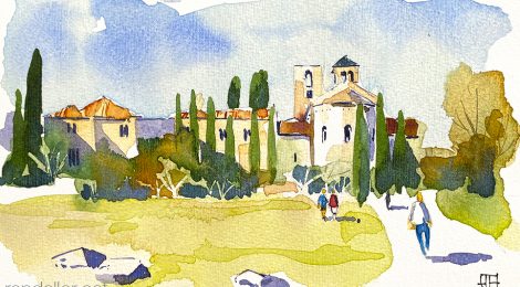 Aquarel·la del monestir romànic de Sant Benet de Bages,