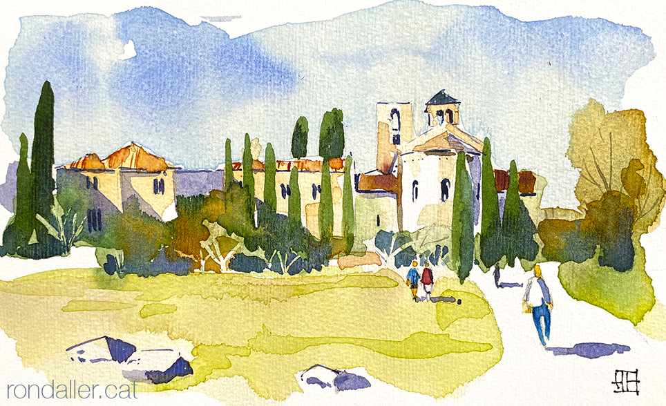 Aquarel·la del monestir romànic de Sant Benet de Bages,