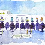 Aquarel·la de la plaça Masadas al barri de La Sagrera de Barcelona.