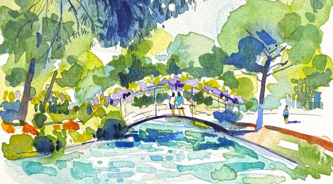 Aquarel·la del Parc de la Pegaso al barri de La Sagrera de Barcelona.