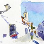 Aquarel·la on es veu el campanar de l'església de Sant Joan de Vilassar de Mar, al Maresme.