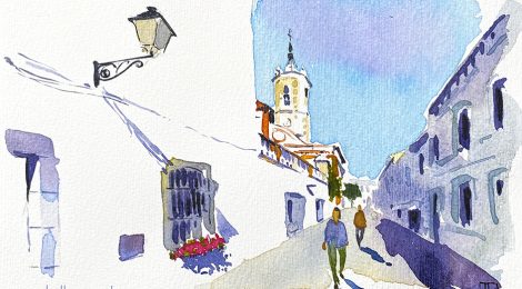 Aquarel·la on es veu el campanar de l'església de Sant Joan de Vilassar de Mar, al Maresme.