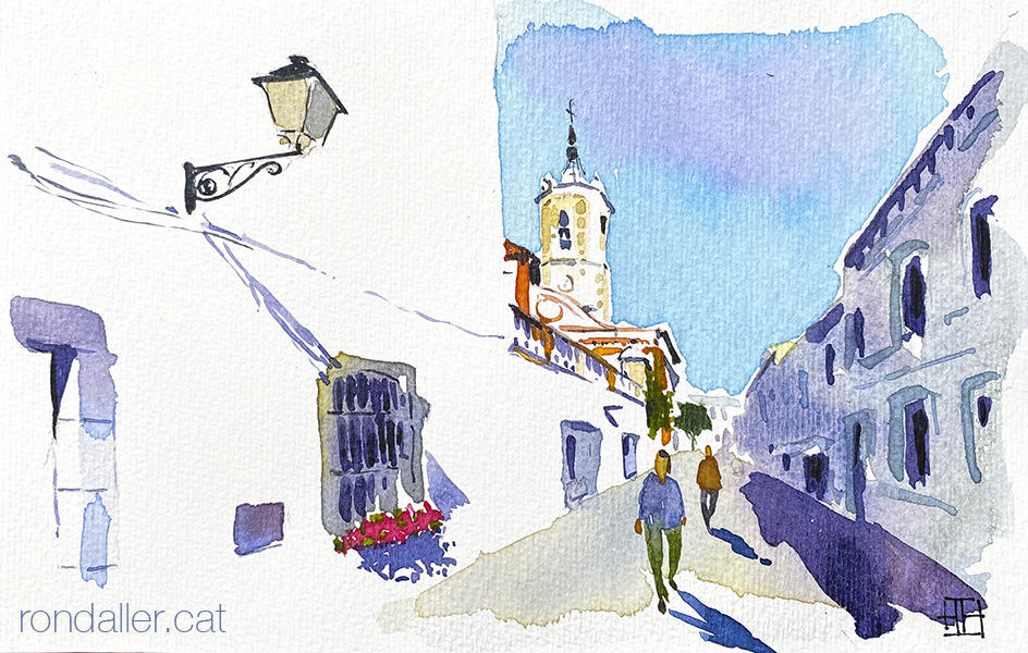 Aquarel·la on es veu el campanar de l'església de Sant Joan de Vilassar de Mar, al Maresme.