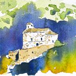 Aquarel·la del santuari romànic de la Mare de Déu d'Arboló, al Pallars Sobirà.