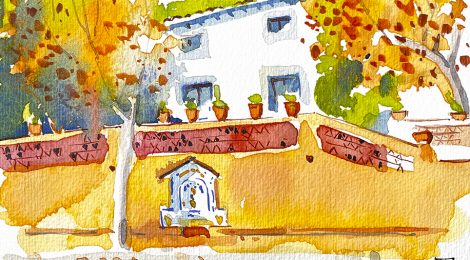 Aquarel·la de la font de Can Roldós a l'urbanització Montcabrer de Cabrils.