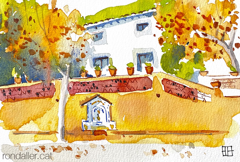 Aquarel·la de la font de Can Roldós a l'urbanització Montcabrer de Cabrils.