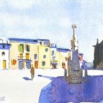 Aquarel·la de la plaça Mossèn Cinto Verdaguer de Folgueroles.