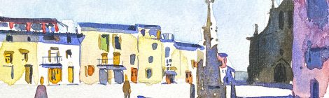 Aquarel·la de la plaça Mossèn Cinto Verdaguer de Folgueroles.