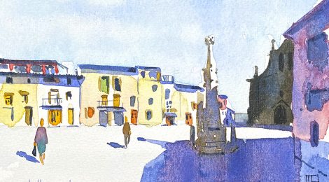 Aquarel·la de la plaça Mossèn Cinto Verdaguer de Folgueroles.