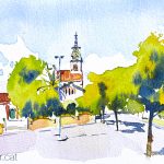 Aquarel·la de l'edifici modernista de l'Ajuntament de Les Franqueses del Vallès.