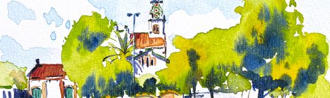 Aquarel·la de l'edifici modernista de l'Ajuntament de Les Franqueses del Vallès.