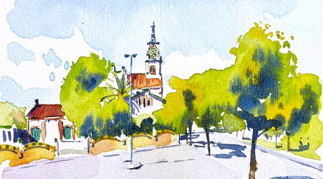 Aquarel·la de l'edifici modernista de l'Ajuntament de Les Franqueses del Vallès.