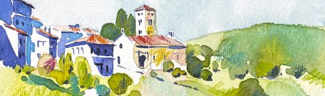 Aquarel·la de l'església romànica de Santa Cecília de Molló.