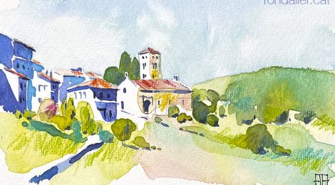 Aquarel·la de l'església romànica de Santa Cecília de Molló.