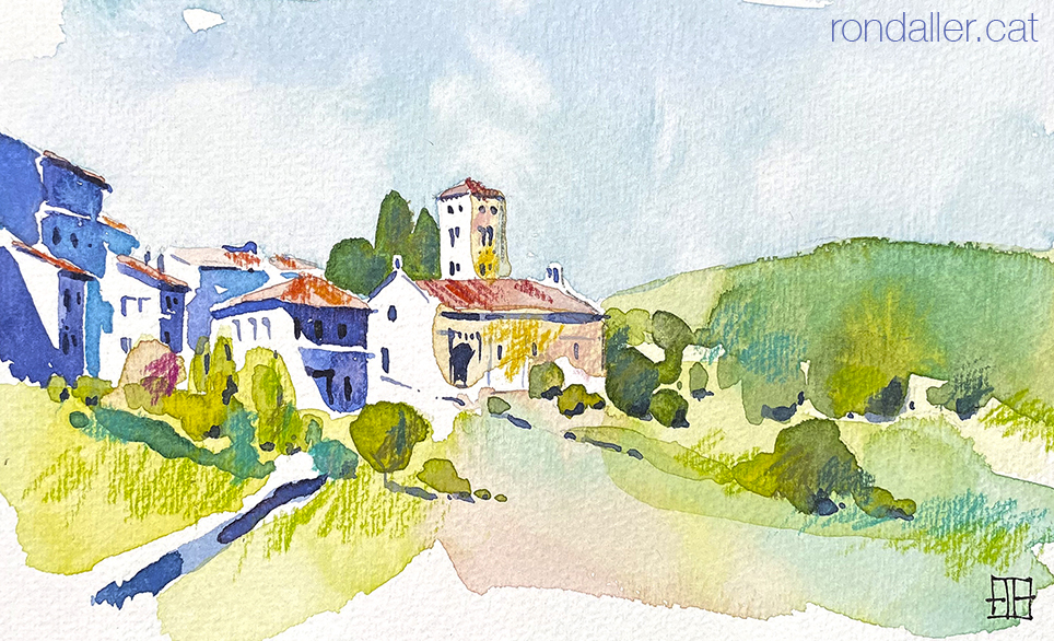 Aquarel·la de l'església romànica de Santa Cecília de Molló.