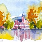 Aquarel·la del llac de Puigcerdà a la tardor amb la Villa Paulita al fons.