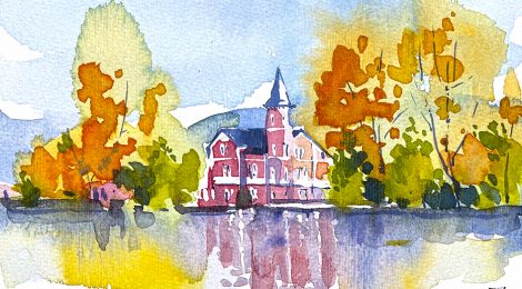 Aquarel·la del llac de Puigcerdà a la tardor amb la Villa Paulita al fons.