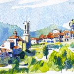 Aquarel·la amb una panoràmica de Rupit.