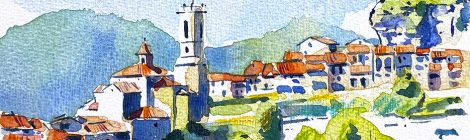 Aquarel·la amb una panoràmica de Rupit.