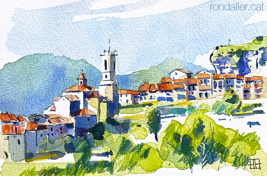 Aquarel·la amb una panoràmica de Rupit.