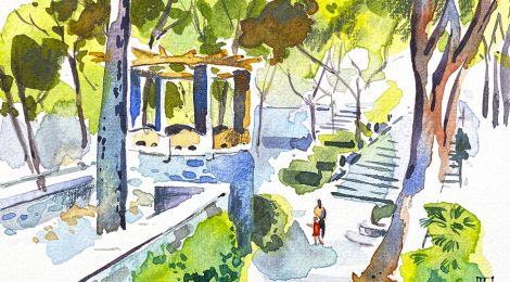 Aquarel·la del Parc de les Set Fonts de Sant Julià de Vilatorta.