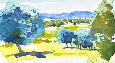 Aquarel·la amb un paisatge a la vora del volcà de la Crosa.