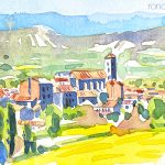 Aquarel·la amb una panoràmica de la població de Taradell.