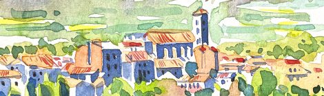 Aquarel·la amb una panoràmica de la població de Taradell.