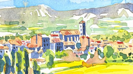 Aquarel·la amb una panoràmica de la població de Taradell.