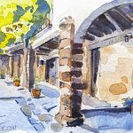 Aquarel·la de la porxada de la plaça de l'Església de Torà.