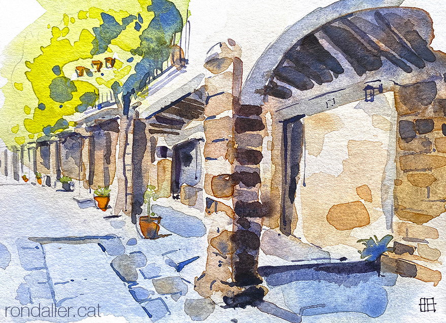 Aquarel·la de la porxada de la plaça de l'Església de Torà.