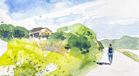 Aquarel·la del mas Forroll, dins el municipi d'Aiguaviva, on antigament hi havia el castell de Vilademany.