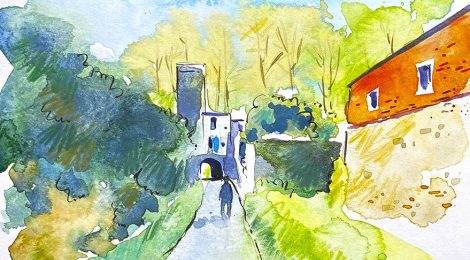 Aquarel·la del molí de Benages i el palau dels comtes de Berenguer a Bescanó.