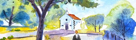 Aquarel·la de l'ermita de Sant Sebastià, davant del cementiri de Cabrera de Mar.