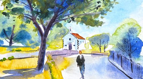 Aquarel·la de l'ermita de Sant Sebastià, davant del cementiri de Cabrera de Mar.