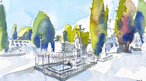 Aquarel·la del cementiri de Cabrerar de Mar, al Maresme.