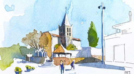 Aquarel·la de l'església de Sant Andreu d'Estanyol al municipi de Bescanó.