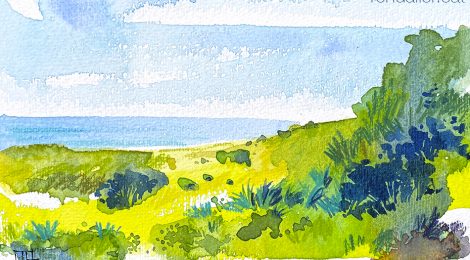 Aquarel·la del paisatge que es veu durant la ruta de la Pleta a la Morella, al Parc Natural del Garraf.
