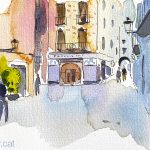 Aquarel·la de la plaça de les Castanyes de Girona, amb la farmàcia Plana al fons.