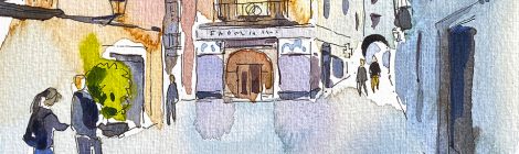 Aquarel·la de la plaça de les Castanyes de Girona, amb la farmàcia Plana al fons.