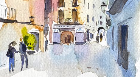 Aquarel·la de la plaça de les Castanyes de Girona, amb la farmàcia Plana al fons.
