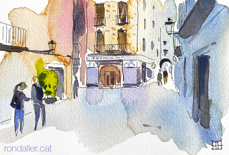 Aquarel·la de la plaça de les Castanyes de Girona, amb la farmàcia Plana al fons.